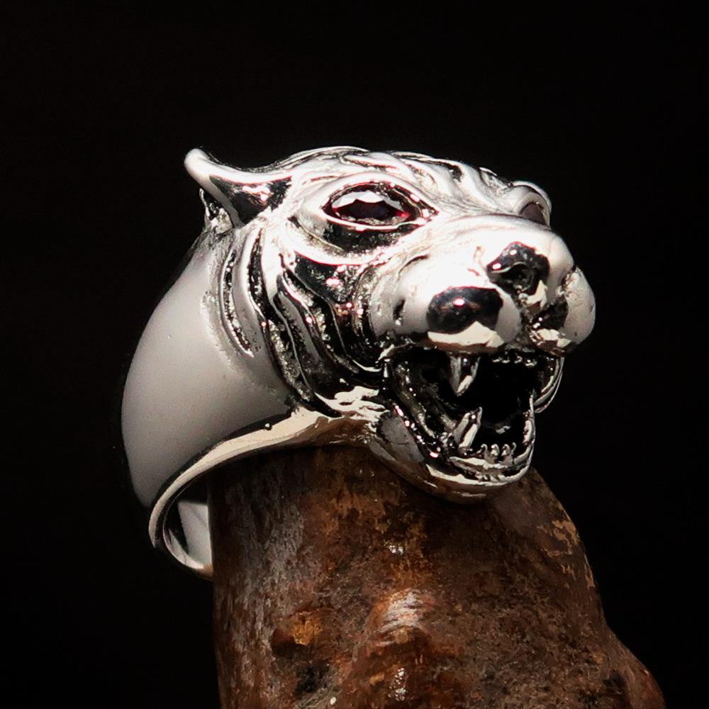 Men's Tiger Ring in sterling silver featuring red cubic zirconia eyes, showcasing a fierce tiger design with a polished finish.