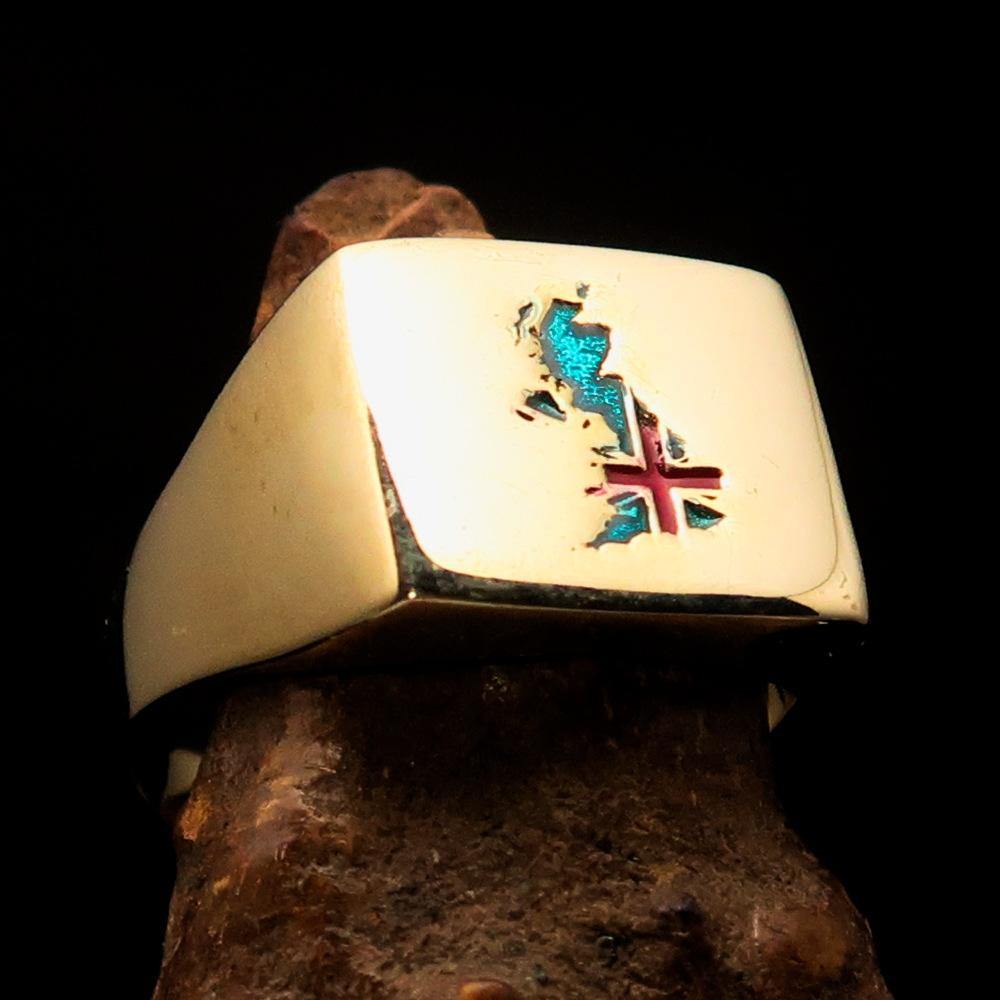 Men's Union Jack Flag Ring made of solid brass with high polish finish and enamel detailing, featuring the RCRN logo.