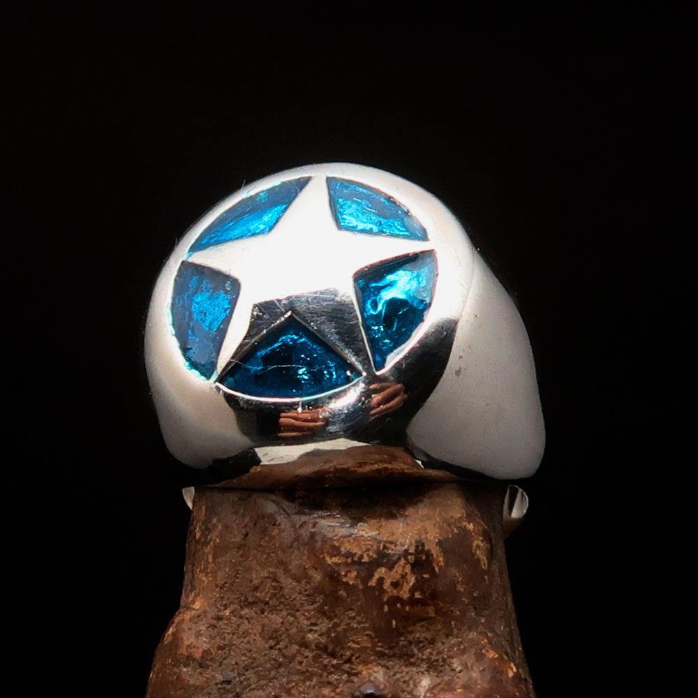 Men's US Marshall Ring made of sterling silver featuring a blue enamel star design, showcasing its high-polished finish.