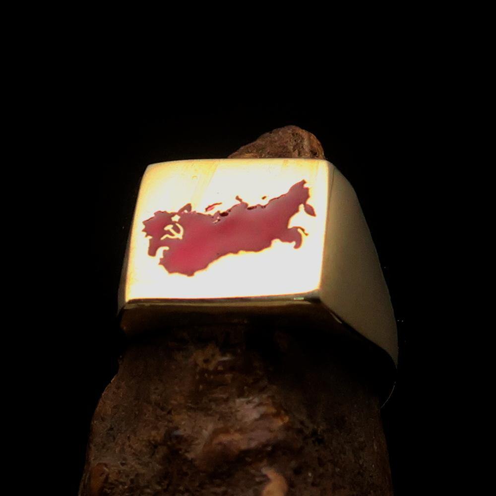 Men's USSR CCCP Flag Ring made of solid brass with high polish finish and enamel detailing, featuring an engraved RCRN logo.