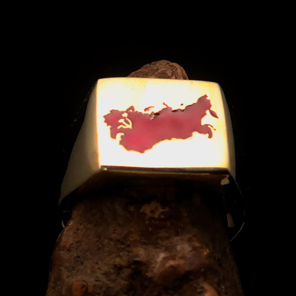 Men's USSR CCCP Flag Ring made of solid brass with high polish finish and enamel detailing, featuring an engraved RCRN logo.