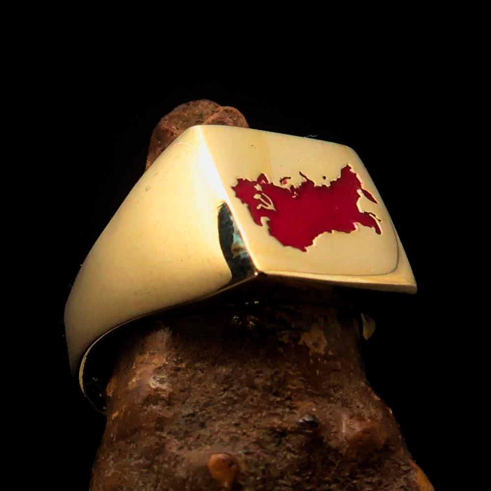 Men's USSR CCCP Flag Ring made of solid brass with high polish finish and enamel detailing, featuring an engraved RCRN logo.