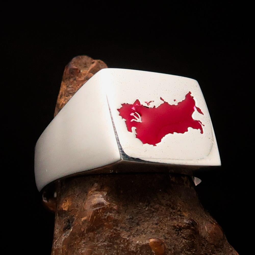 Men's USSR CCCP Flag Ring made of sterling silver with enamel detailing, showcasing the Soviet Union flag design.