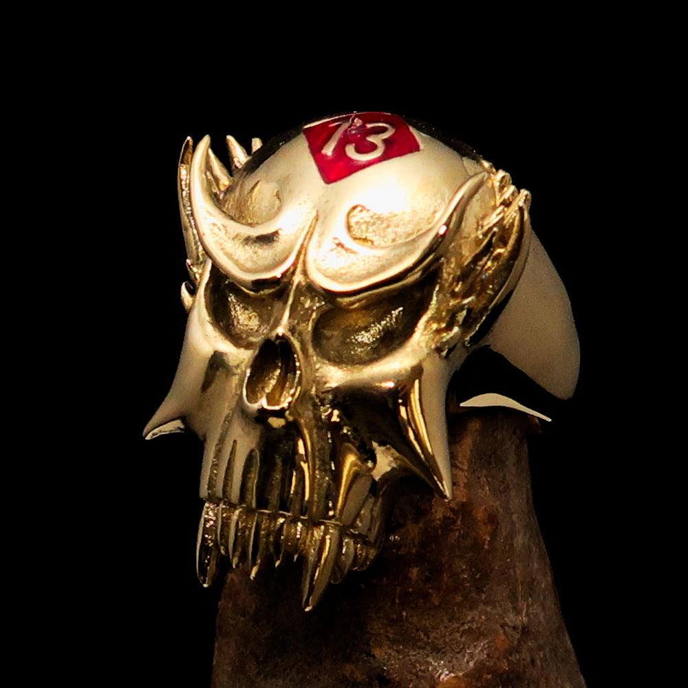 Men's Vampire Skull Ring crafted from solid brass with red diamond accents, featuring a high polished finish and unique design.
