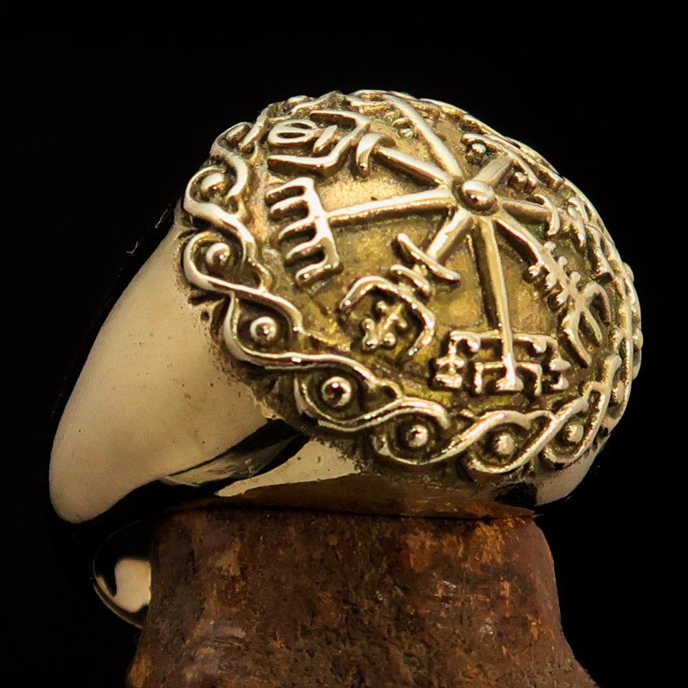 Men's Viking Journey Ring made of solid brass with a mirror-polished finish, showcasing its intricate design and craftsmanship.