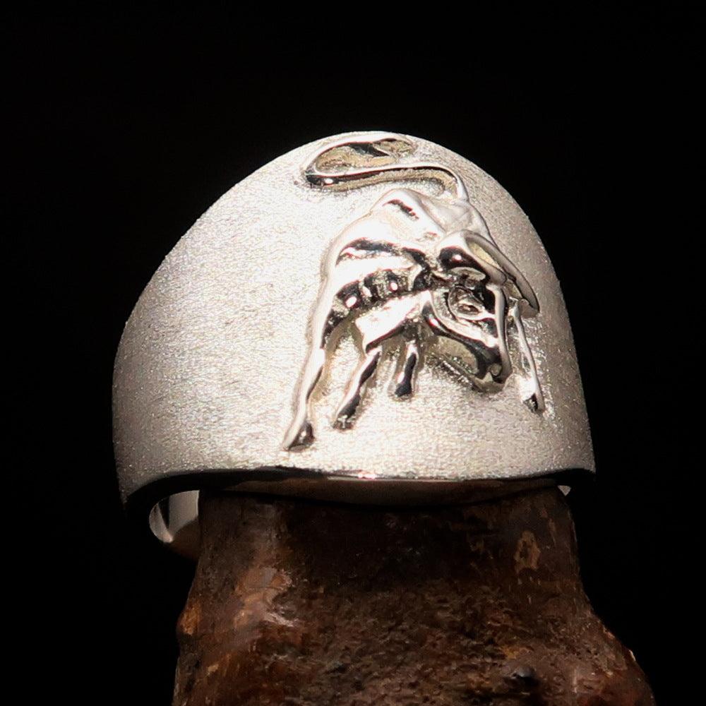 Excellent crafted Men's wild Bull Buffalo Ring featuring a two-tone design in solid Sterling Silver with Mirror Polished and Matte finishes.