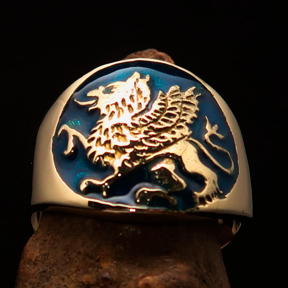 Men's winged blue Lion Griffin Ring made of solid brass with high polish finish and enamel detailing.