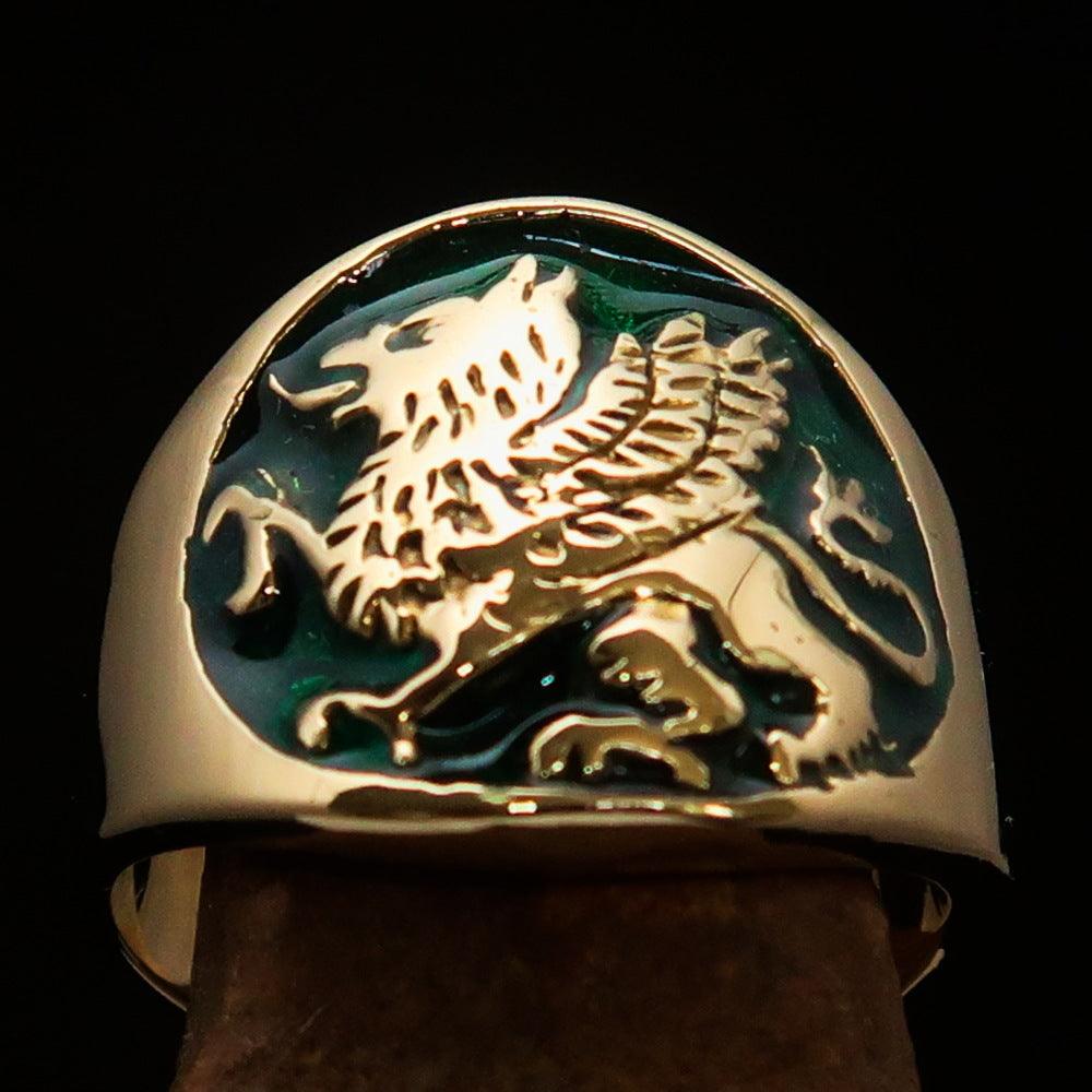 Men's winged green Lion Griffin Ring made of solid brass with intricate design and high polish finish.