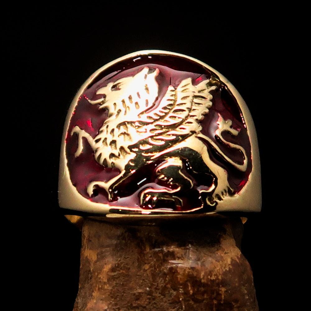 Men's winged red Lion Griffin Ring made of solid brass with high polish finish and enamel detailing.