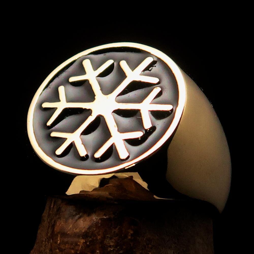 Men's Winter Ring featuring a Black Snowflake design, crafted from solid brass with a high-polished finish and enamel detailing.