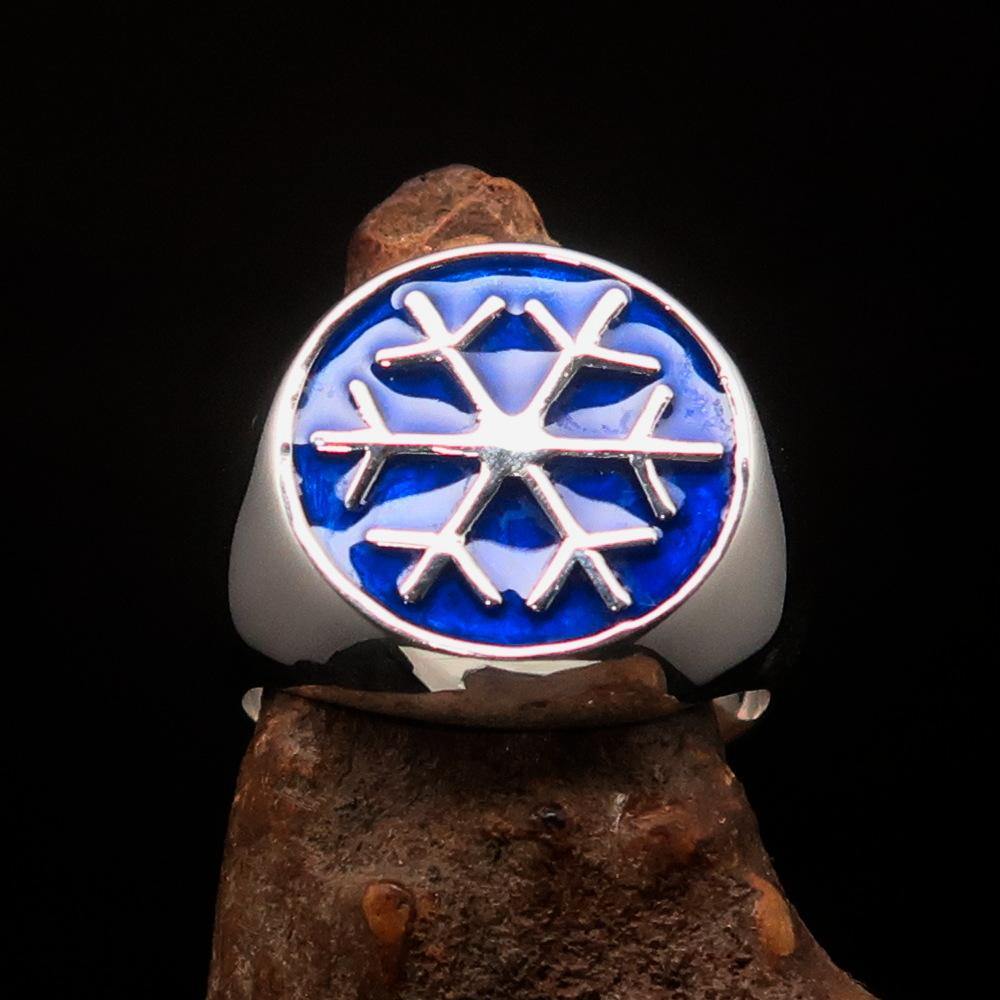 Men's Winter Ring in sterling silver featuring a blue snowflake design, polished finish with enamel detailing.