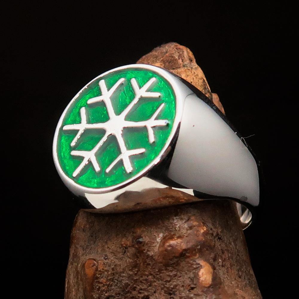 Men's Winter Ring in sterling silver featuring a green snowflake design, polished finish, and available in multiple sizes.