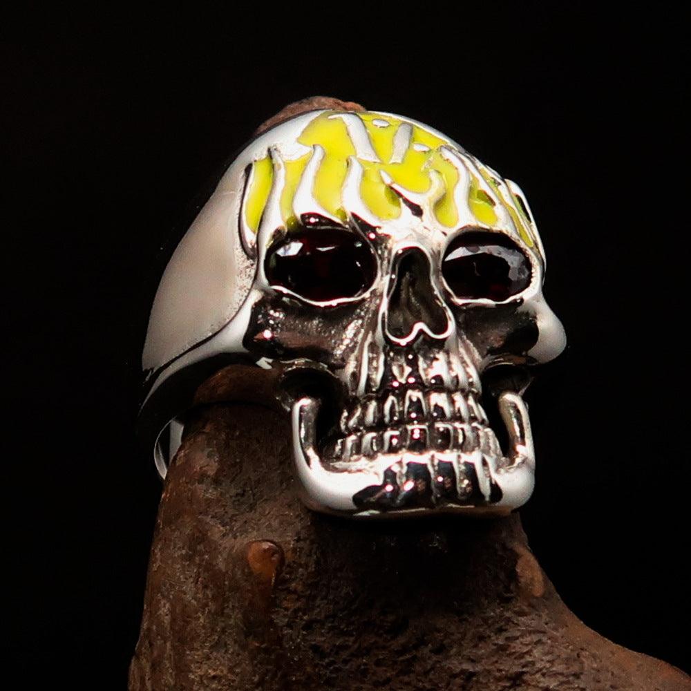 Men's yellow flaming skull outlaw ring made of solid sterling silver with red cubic zirconia eyes and yellow enamel finish.