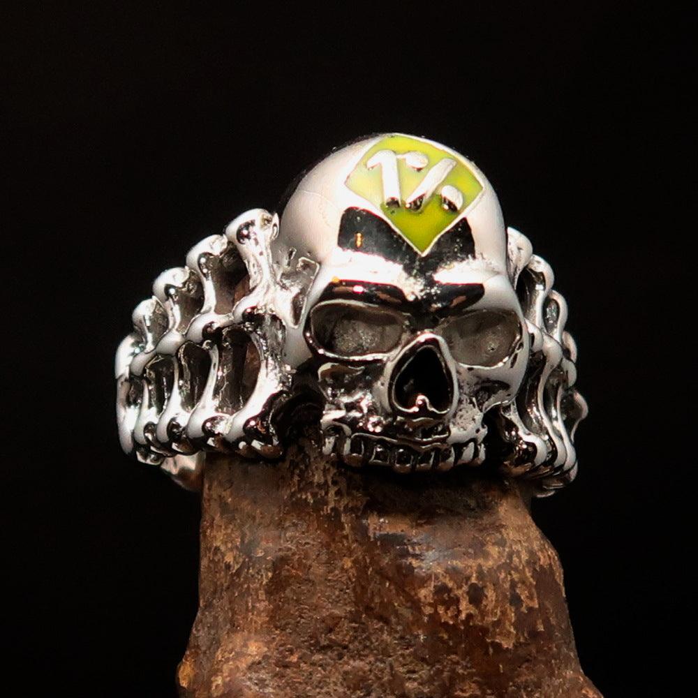 Men's yellow 1% Outlaw Biker Skull and Bones Ring made of solid sterling silver with high polish and yellow enamel finish.