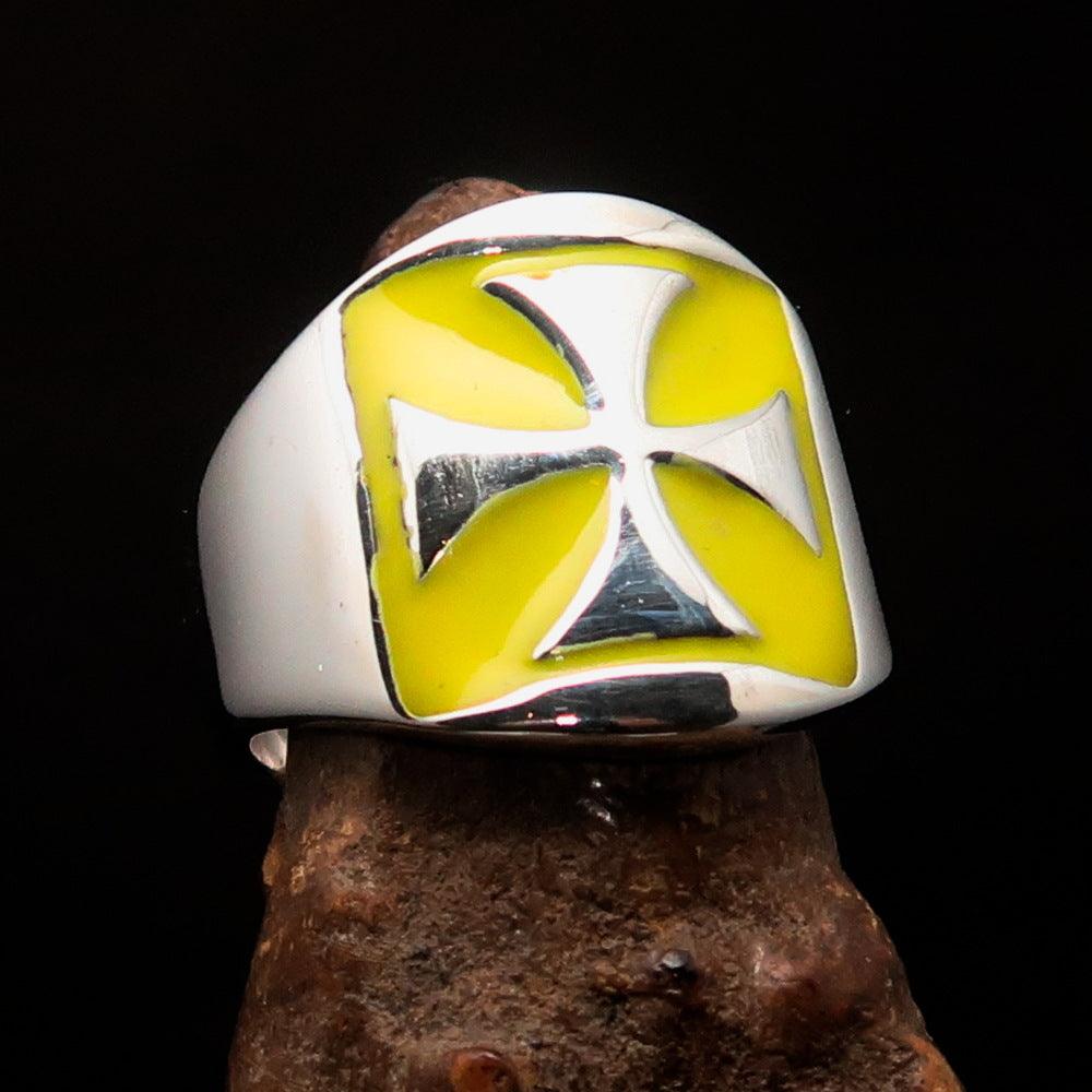 Men's yellow Iron Cross Biker Ring made of solid sterling silver with high polish and enamel finish, showcasing a bold design.