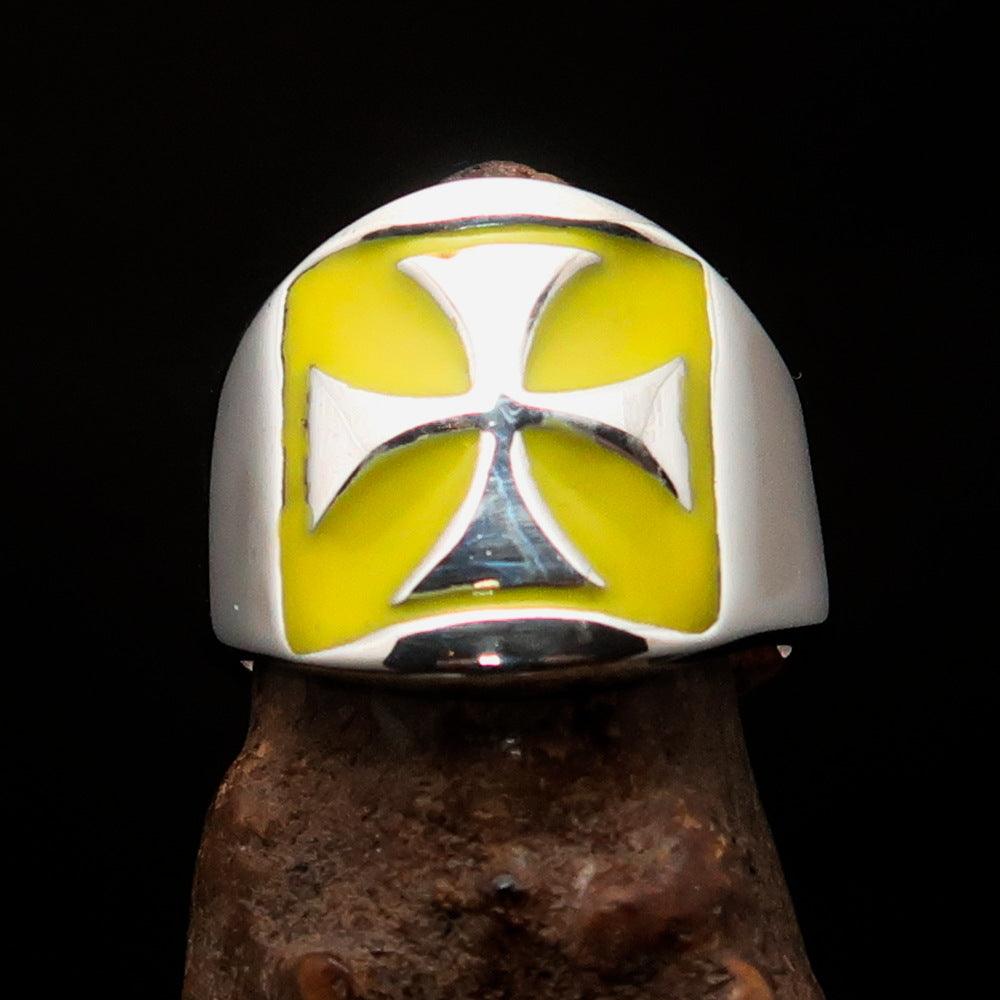 Men's yellow Iron Cross Biker Ring made of solid sterling silver with high polish and enamel finish, showcasing a bold design.