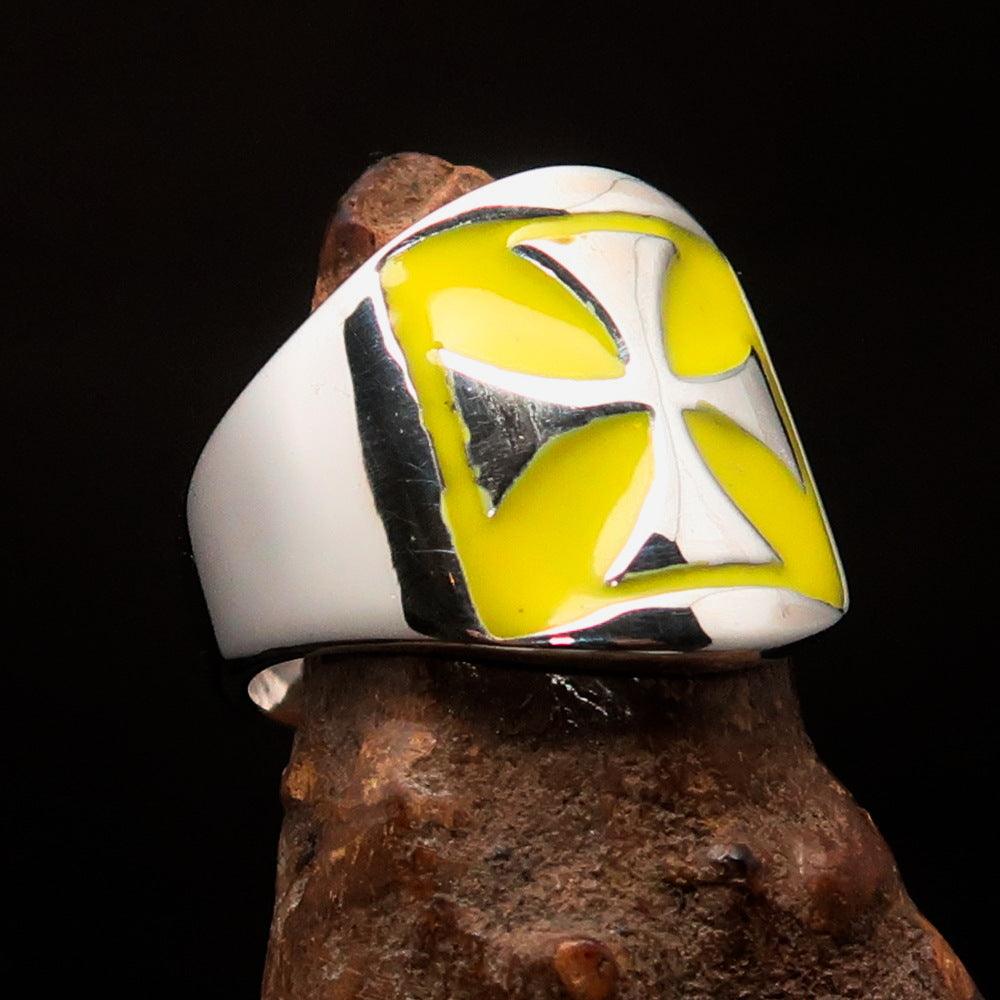 Men's yellow Iron Cross Biker Ring made of solid sterling silver with high polish and enamel finish, showcasing a bold design.