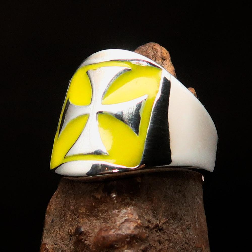 Men's yellow Iron Cross Biker Ring made of solid sterling silver with high polish and enamel finish, showcasing a bold design.