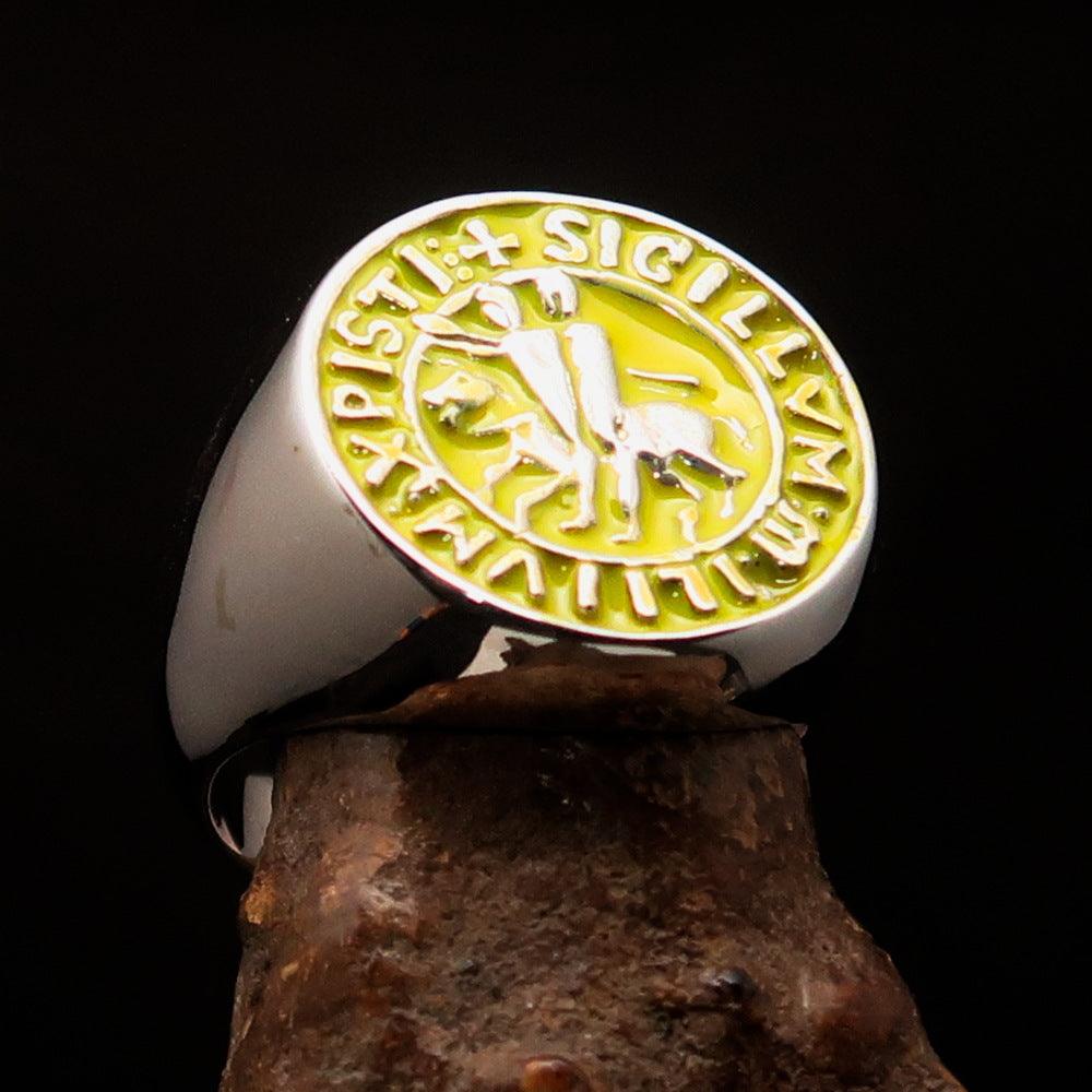 Men's yellow Templar Knight Seal Ring made of solid sterling silver with high polish and yellow enamel finish.