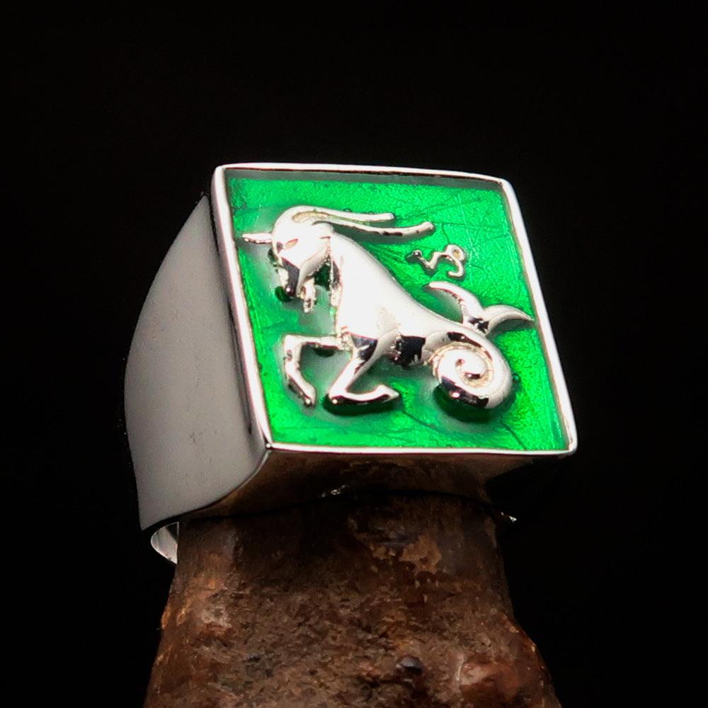 Men's Zodiac Ring in solid sterling silver with green enamel, featuring the Capricorn star sign, hallmarked 925.