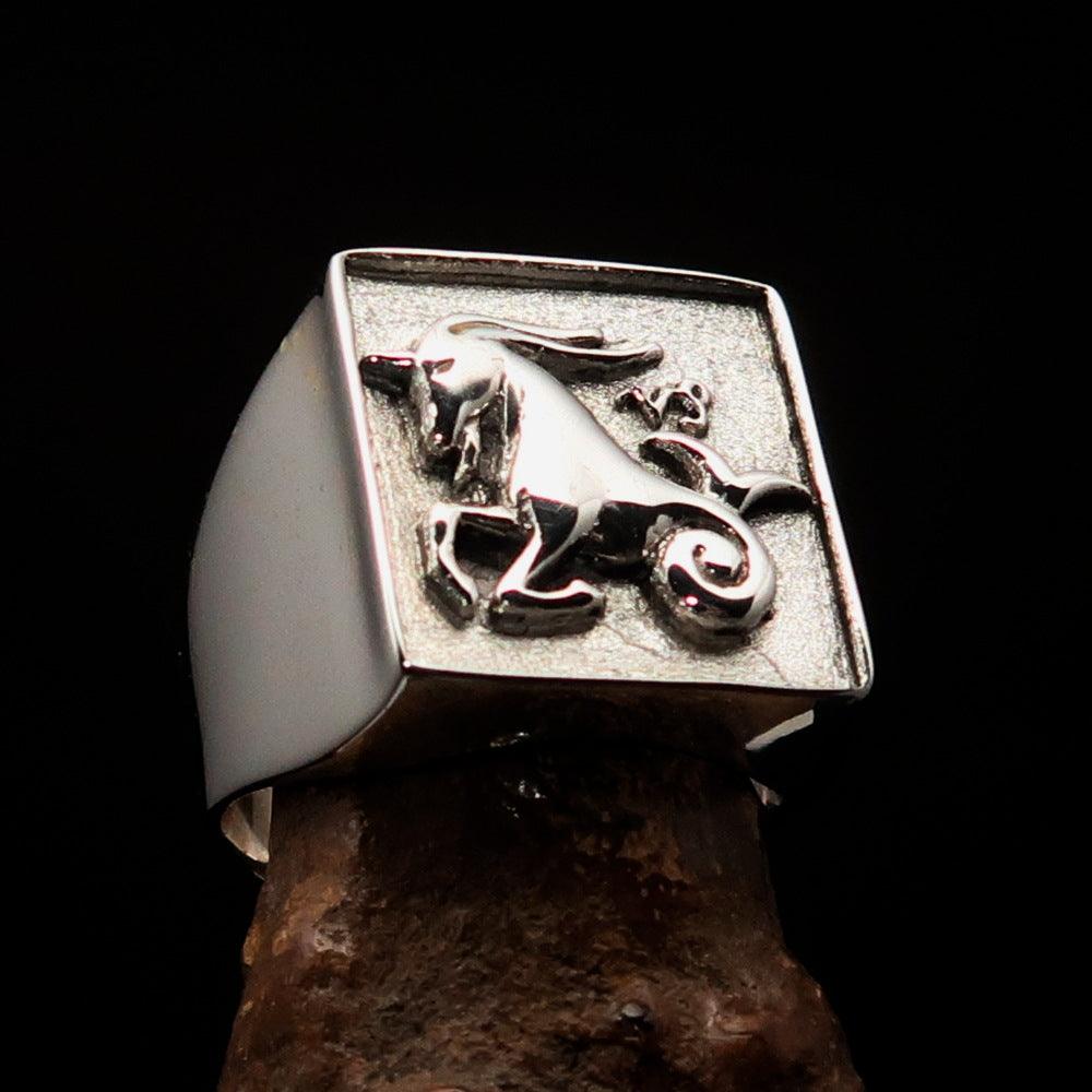 Men's Zodiac Ring for Capricorn in solid sterling silver with high polished and matte finish, featuring a two-tone design.