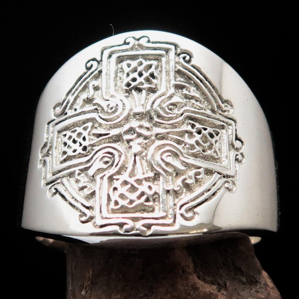 Men's ancient Celtic Runes Cross Ring made of solid sterling silver with a high polished finish, showcasing intricate rune designs.