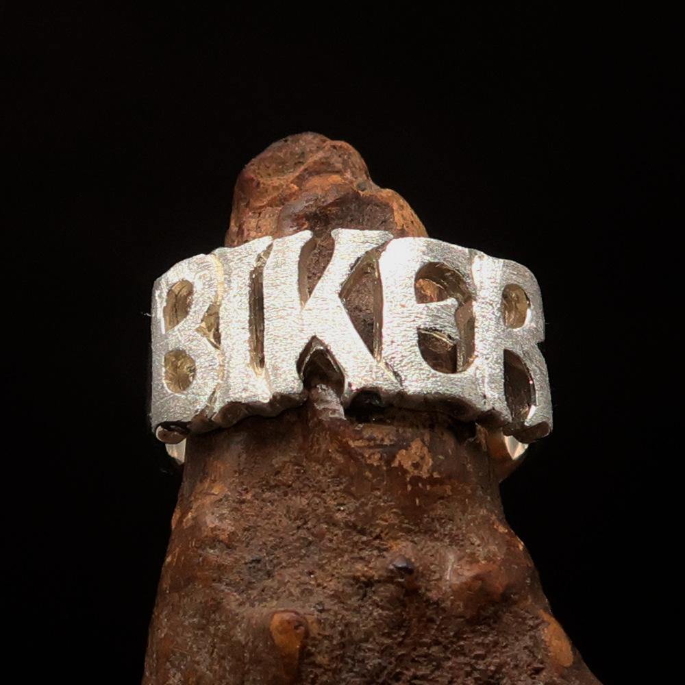 Two-Tone Matte Sterling Silver BIKER Ring, hallmarked 925, showcasing its unique design and quality craftsmanship.