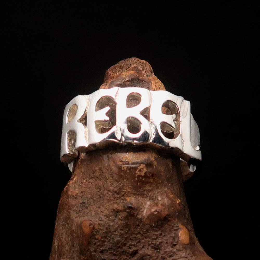 One Word REBEL Ring made of high-polished sterling silver, showcasing the word 'REBEL' in a stylish font.