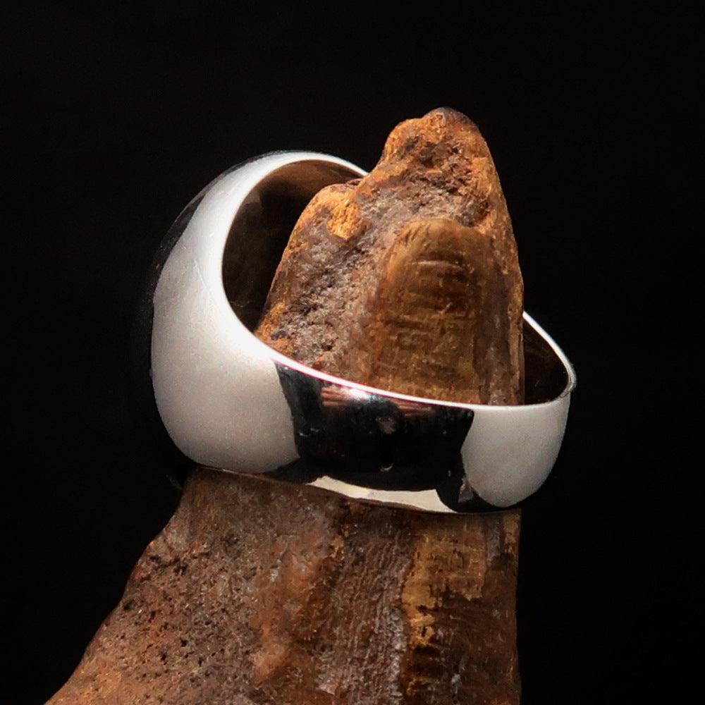 Men's Blue Cross Lorraine Ring made of solid sterling silver with high-polished finish and blue enamel, showcasing its elegant oval domed design.