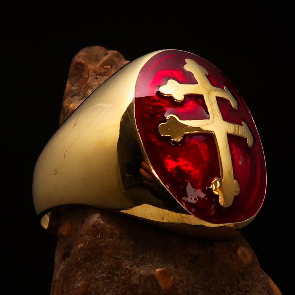 Men's Red Cross Lorraine Ring made of solid brass with high polish and red enamel detailing, showcasing its elegant design.