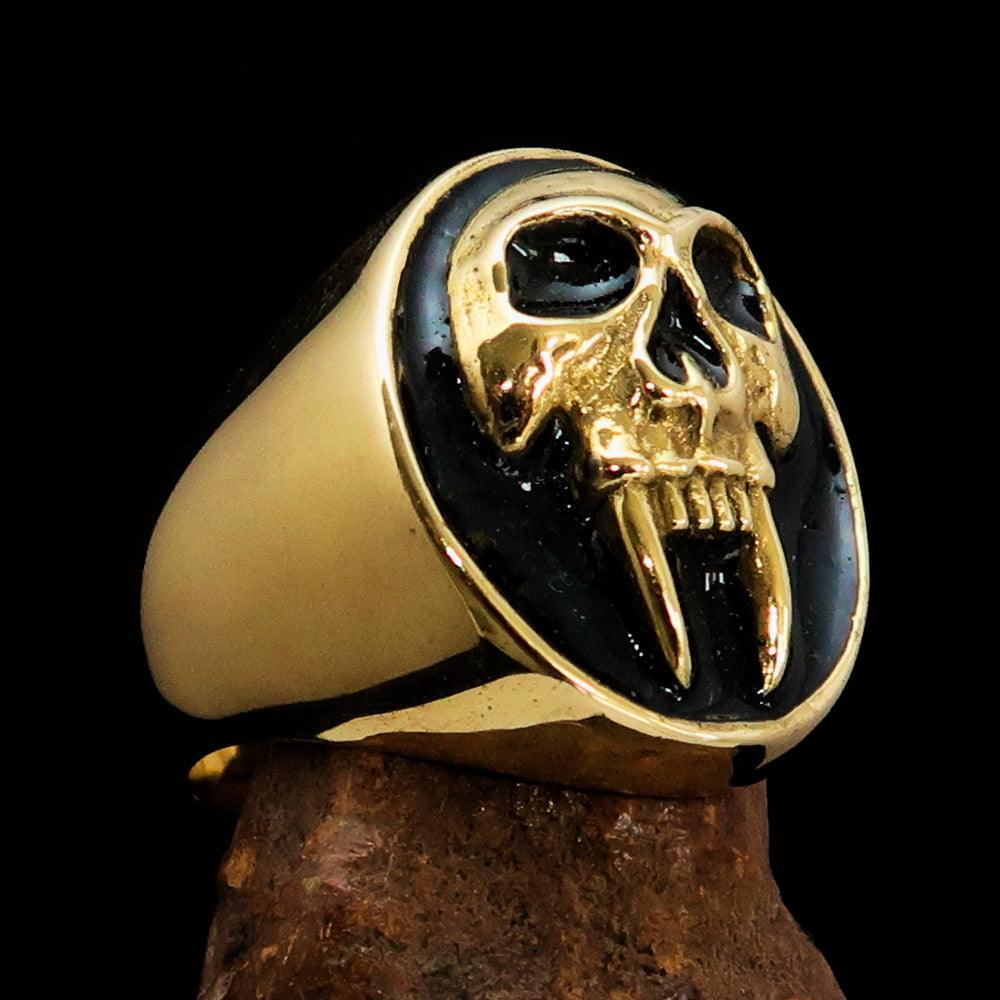 Men's Black Vampire Skull Ring made of solid brass with high-polished finish and black enamel detailing, showcasing a unique skull design.