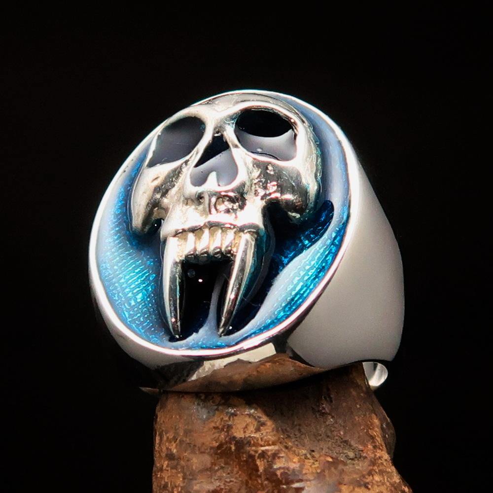 Men's Blue Vampire Skull Ring made of solid sterling silver with high polish and blue enamel finish, showcasing intricate skull design.