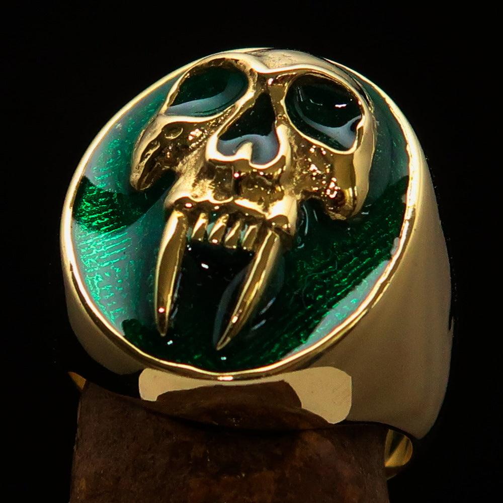 Men's green Vampire Skull Ring made of solid brass with high polish and green enamel finish, showcasing intricate skull design.