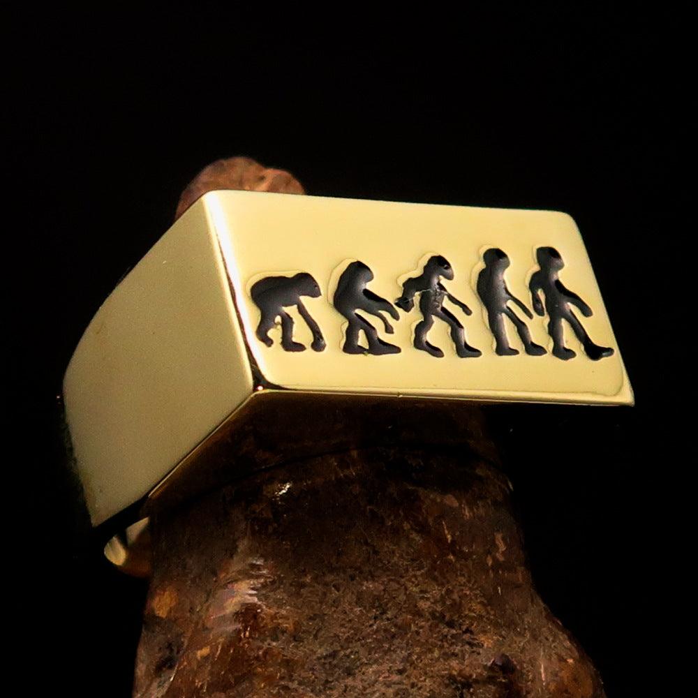 A beautifully crafted rectangle shaped black Human Evolution Ring made of solid brass with a high polished finish and black enamel.