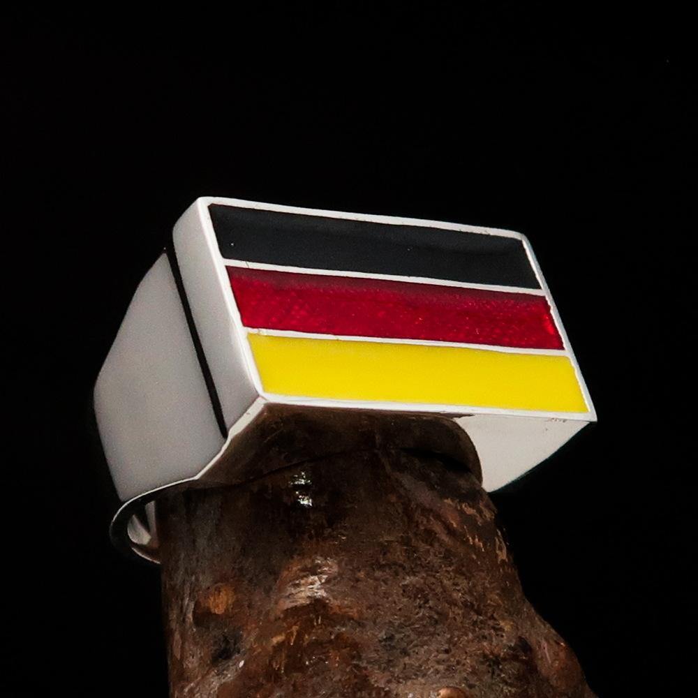 Men's German Flag Ring made of solid sterling silver with high polish and enamel finish, showcasing vibrant colors of the German flag.