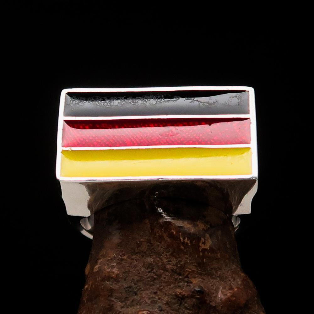 Men's German Flag Ring made of solid sterling silver with high polish and enamel finish, showcasing vibrant colors of the German flag.