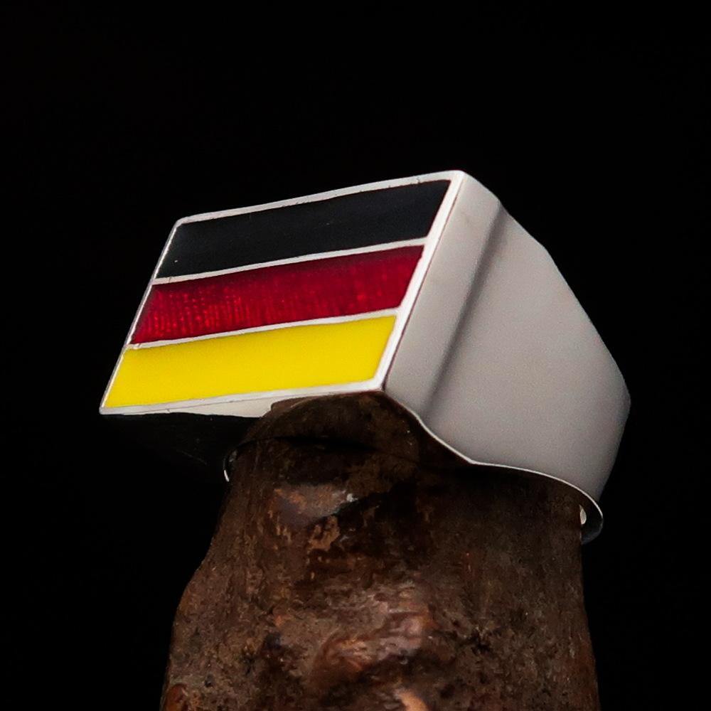 Men's German Flag Ring made of solid sterling silver with high polish and enamel finish, showcasing vibrant colors of the German flag.