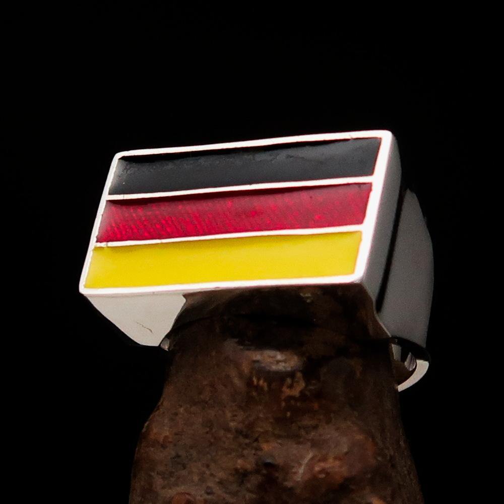 Men's German Flag Ring made of solid sterling silver with high polish and enamel finish, showcasing vibrant colors of the German flag.