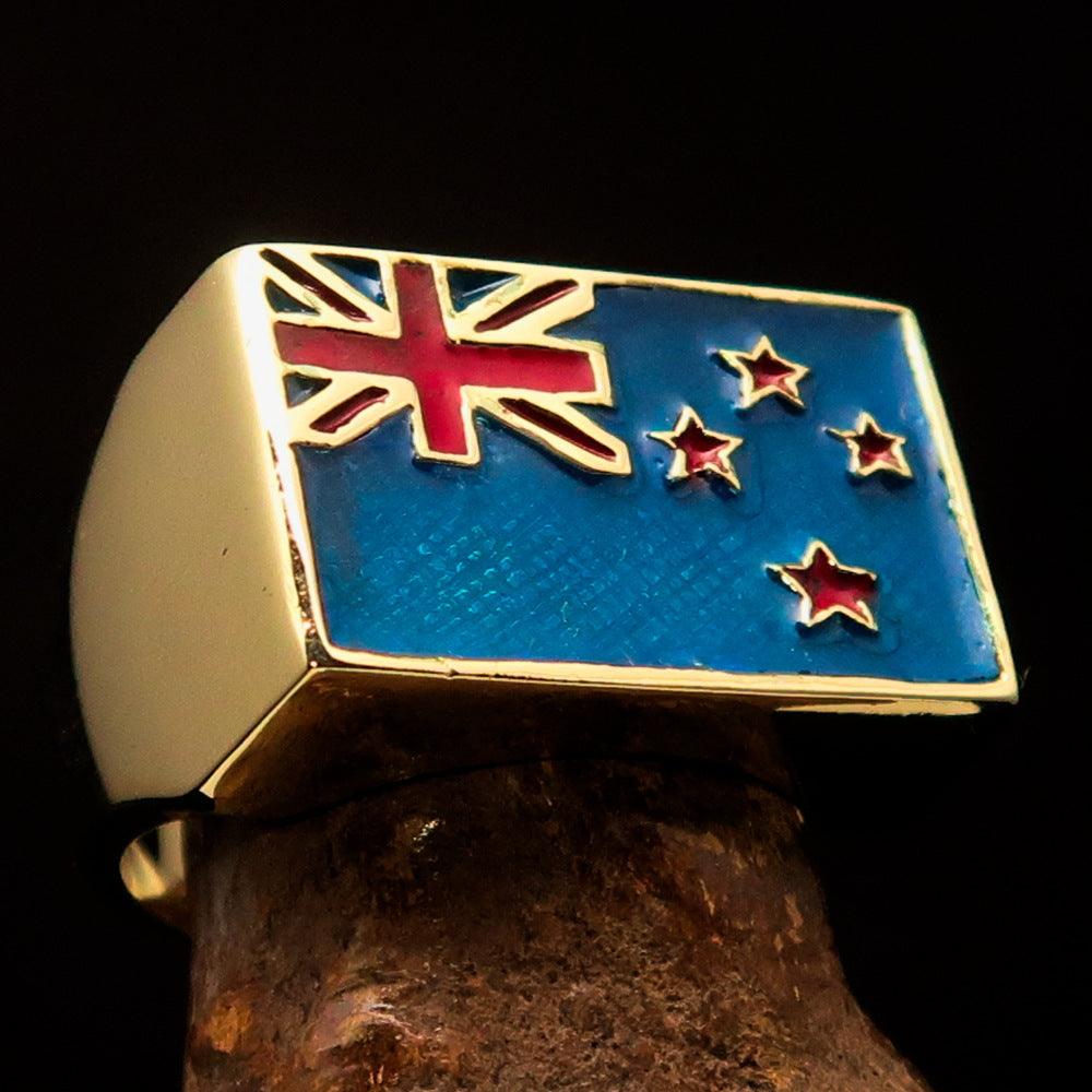 Men's New Zealand Flag Ring made of solid brass with high polish and enamel finish, showcasing the flag's vibrant colors.