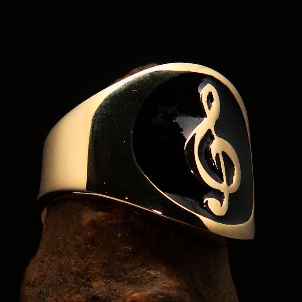 Men's black Treble Clef pinky ring made of solid brass with high-polished black enamel finish, showcasing a musical design.