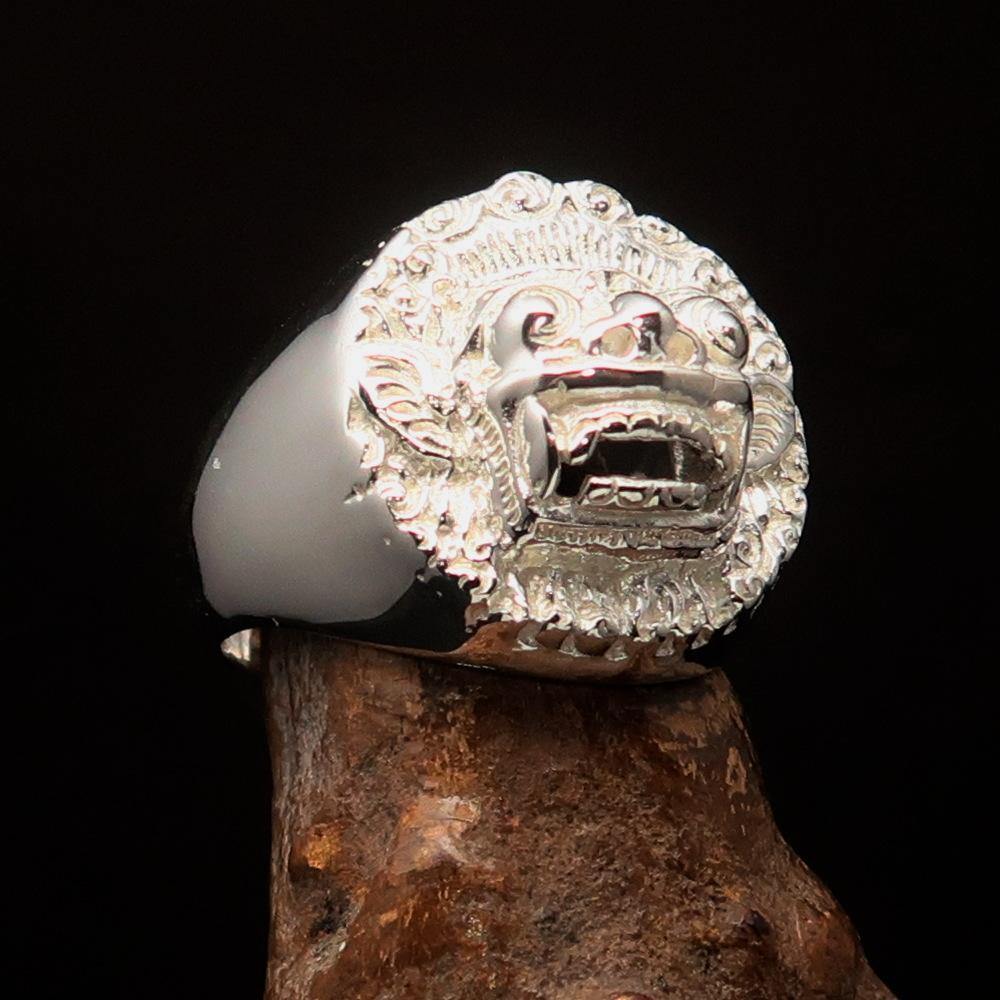 Men's Balinese God Ring made of solid sterling silver with a mirror-polished finish, showcasing intricate Barong design.
