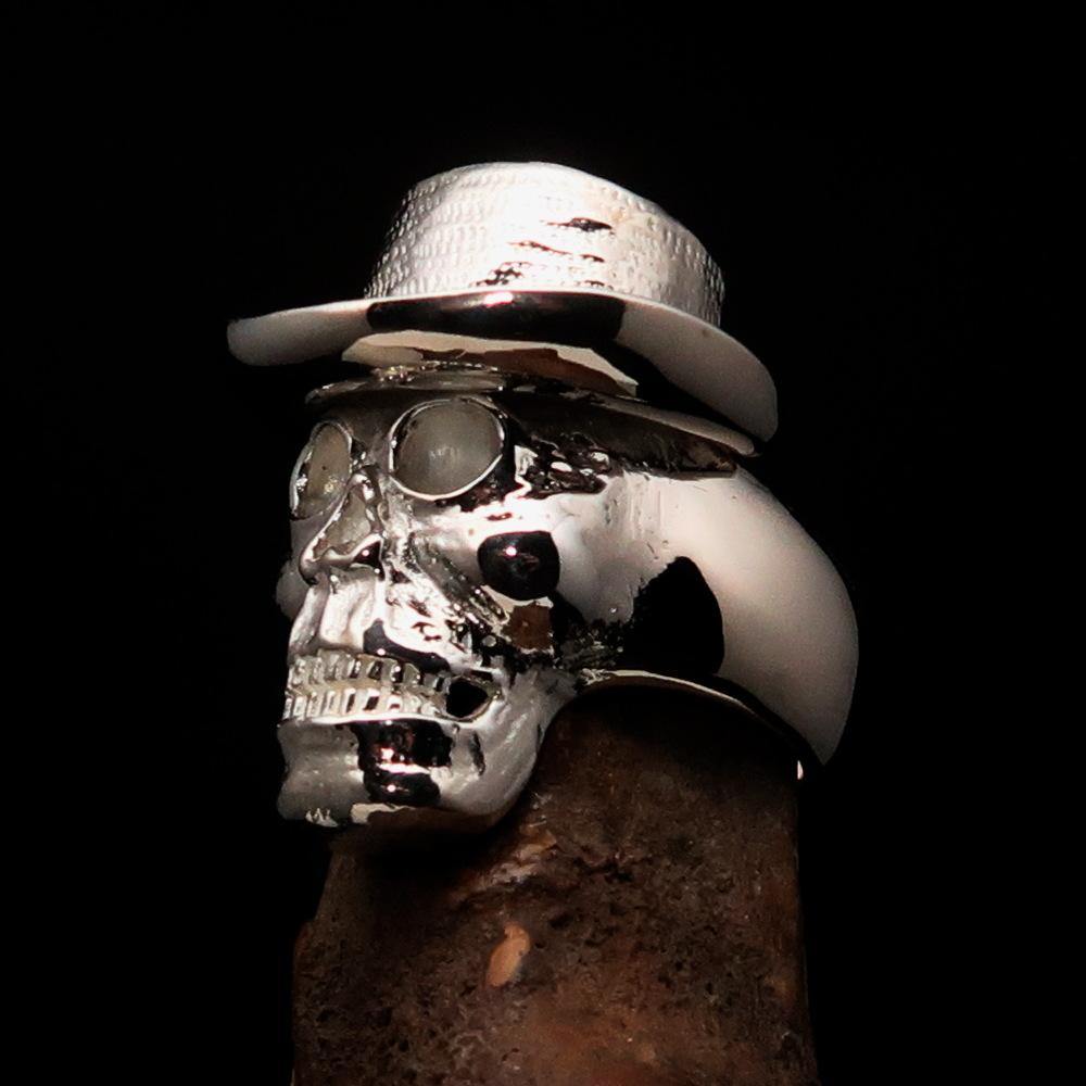 Men's Sterling Silver Cowboy Skull Ring with a shiny mirror polish, showcasing a bold skull design.
