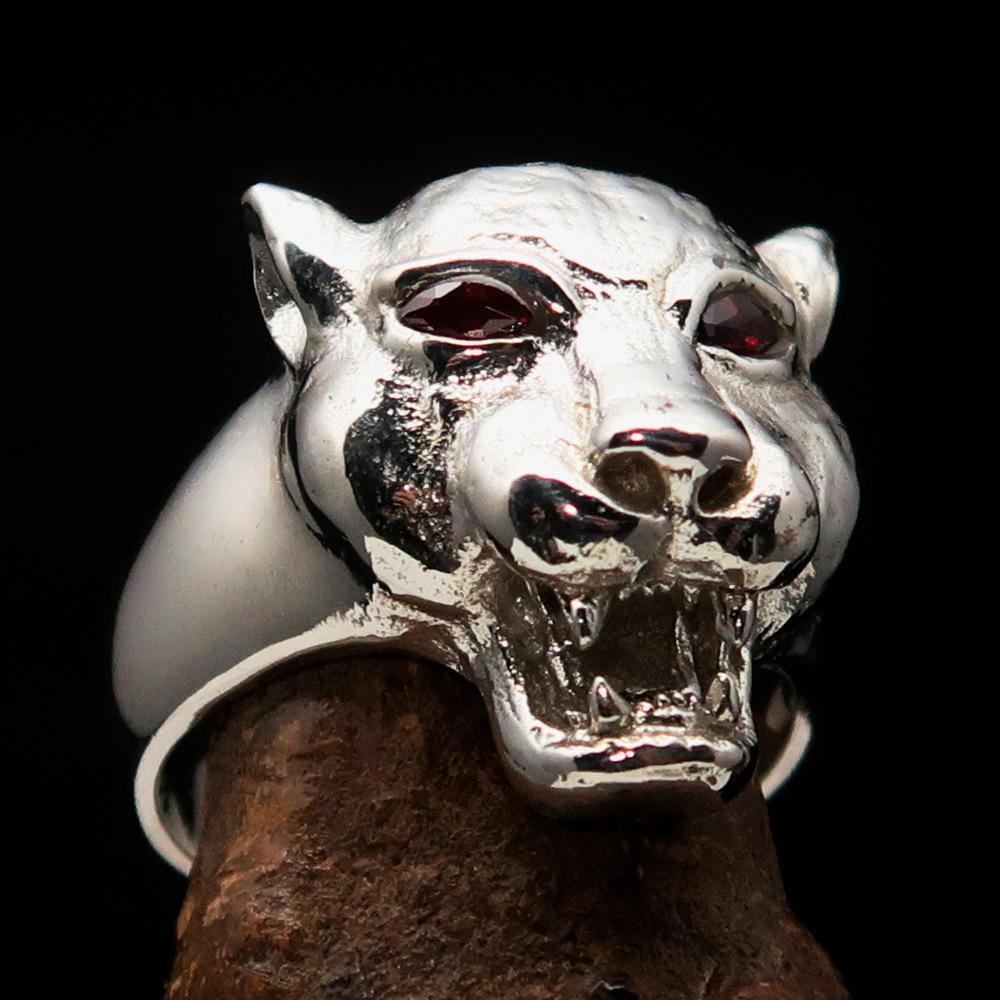Sterling Silver Men's Animal Ring featuring a fierce cougar design with red cubic zirconia eyes, showcasing intricate craftsmanship.