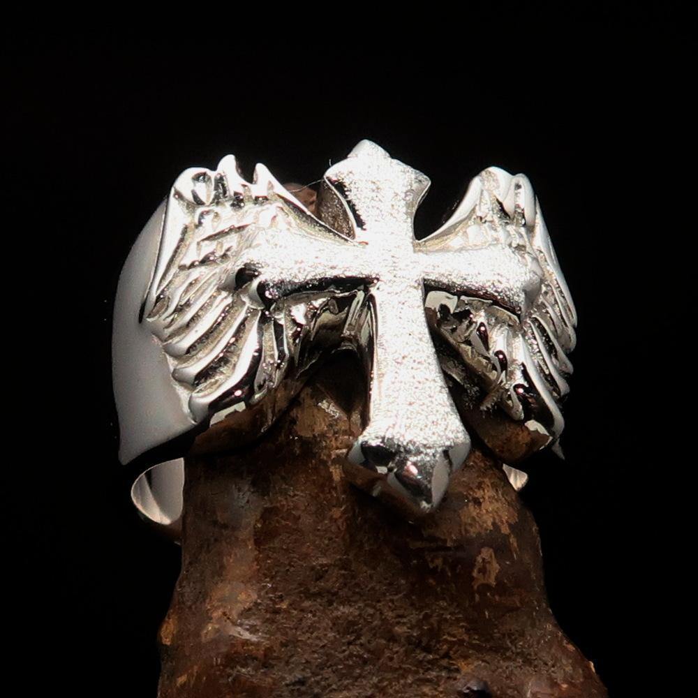 Two-tone Men's flying winged Cross Ring made of solid sterling silver with high polished and matte finish, showcasing a unique design.