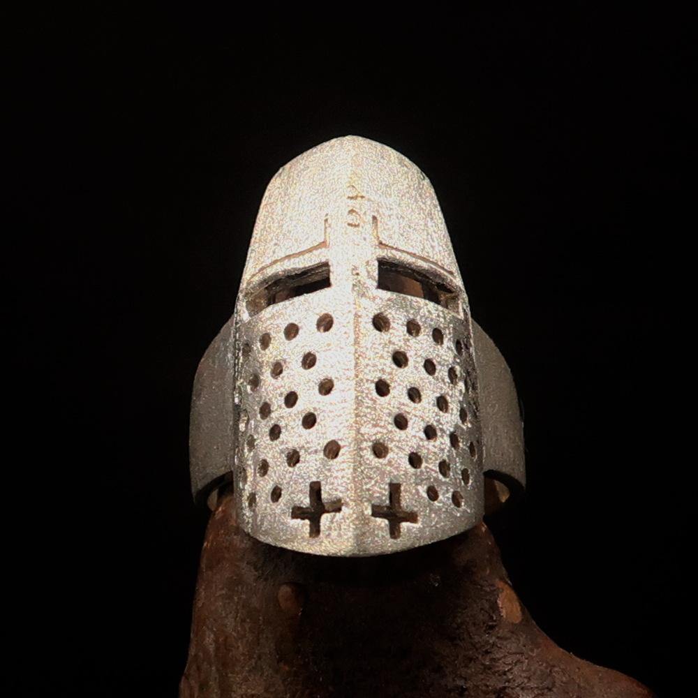 Two-Tone Matte Sterling Silver Medieval Ring featuring a knight design, hallmarked 925, showcasing its unique finish and craftsmanship.