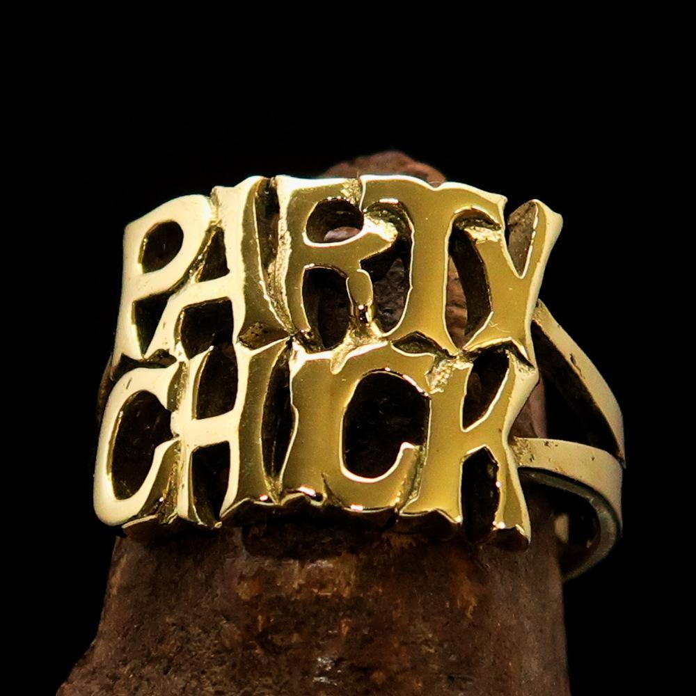 Excellent Crafted Word Ring Party Chick made of solid brass with a mirror-polished finish, showcasing its elegant design.