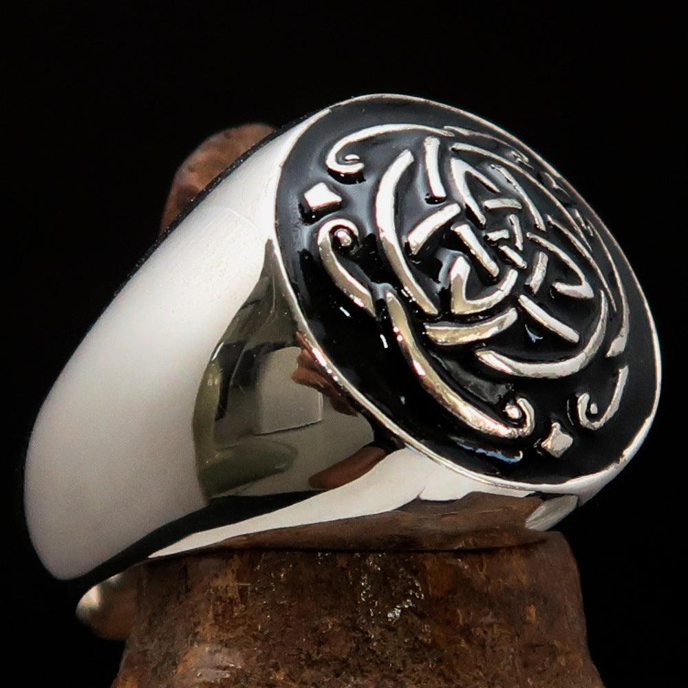 Excellent domed Men's Ring featuring a black Celtic Triquetra Knot design, crafted from solid sterling silver with a high polished finish.