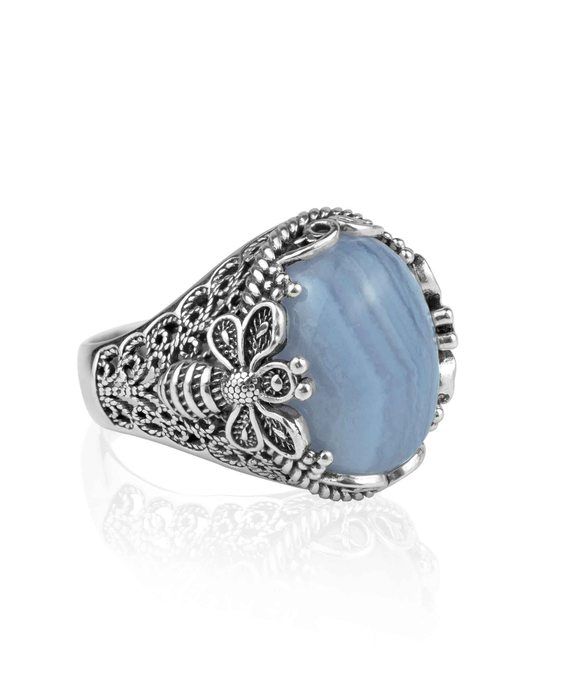 Elegant 925 Sterling Silver ring featuring a blue lace agate gemstone with intricate filigree art bee design.