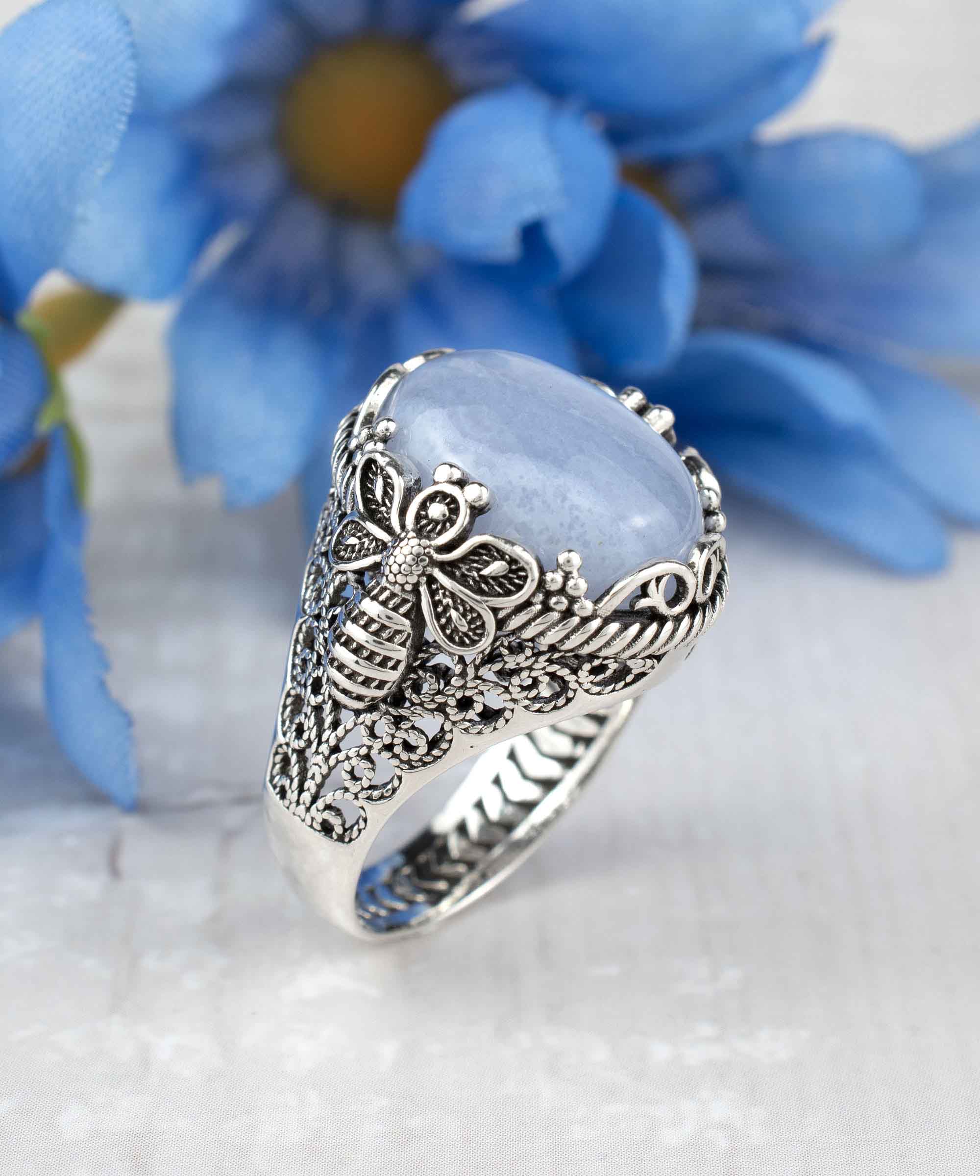 Elegant 925 Sterling Silver ring featuring a blue lace agate gemstone with intricate filigree art bee design.