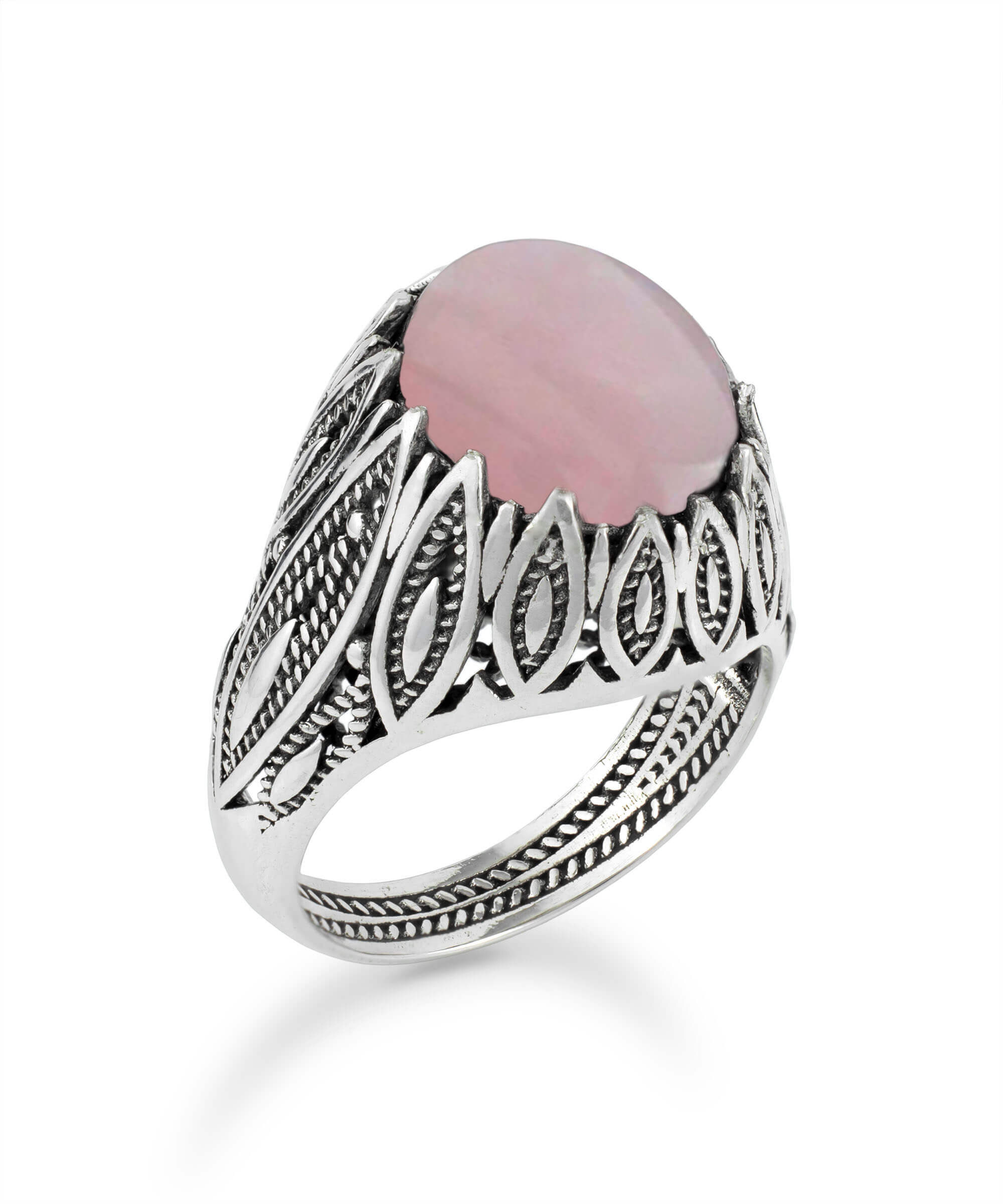 Elegant Filigree Art Rose Quartz Gemstone Women Silver Statement Ring featuring intricate leaf designs and a stunning pink gemstone.